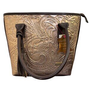 Angelozano Embossed Bronze Leather Tote Bag With Tassel Accents